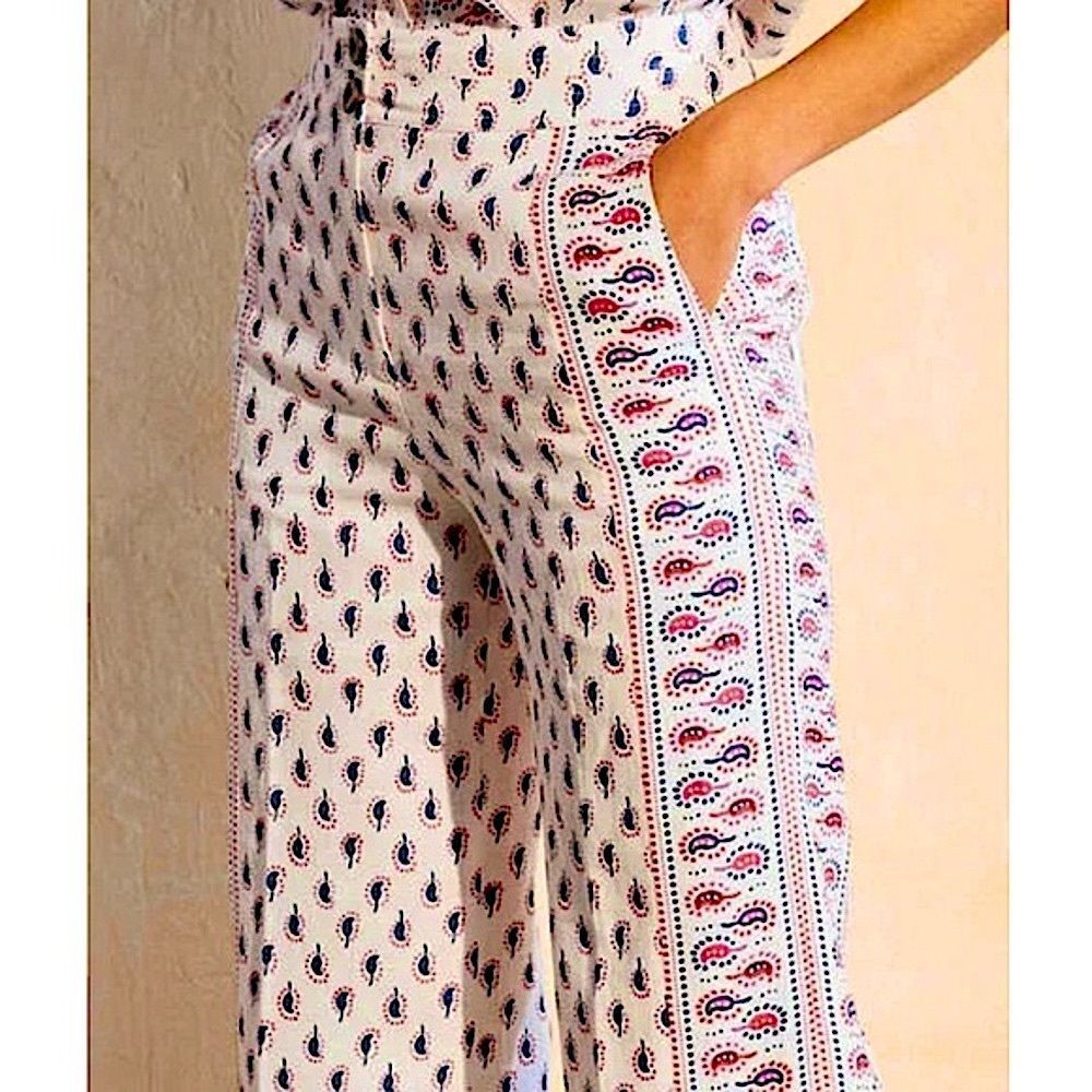 Boden Cream Wide-Leg Pants with Blue & Red Paisley Motif